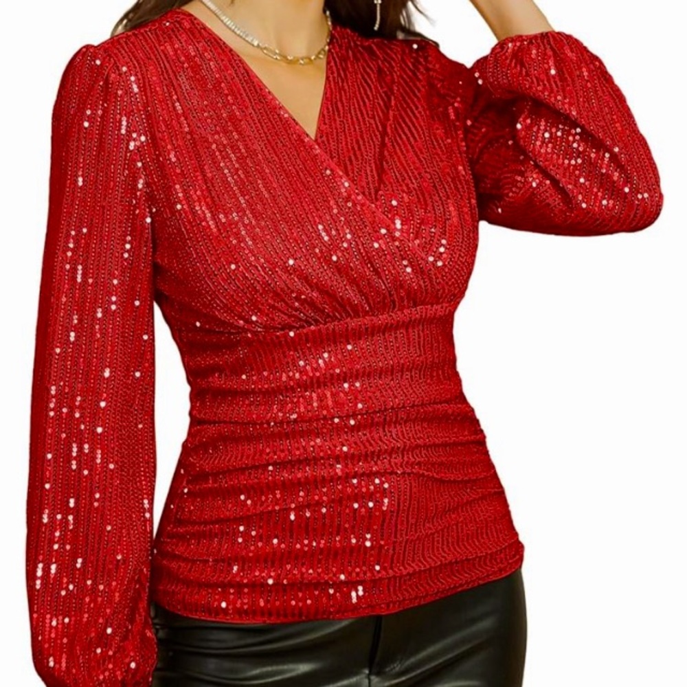 NWT red sequin long sleeve surplice top
